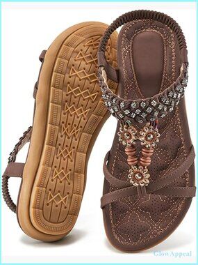 Bohemian Beaded Flat Sandals with Ankle Strap - Comfortable Summer Walking Shoes